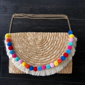 Multi Colored Ratan Pom Pom cross body clutch